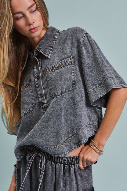 Urban Daizy - Washed Denim Half Placket Cropped Utility Shirt