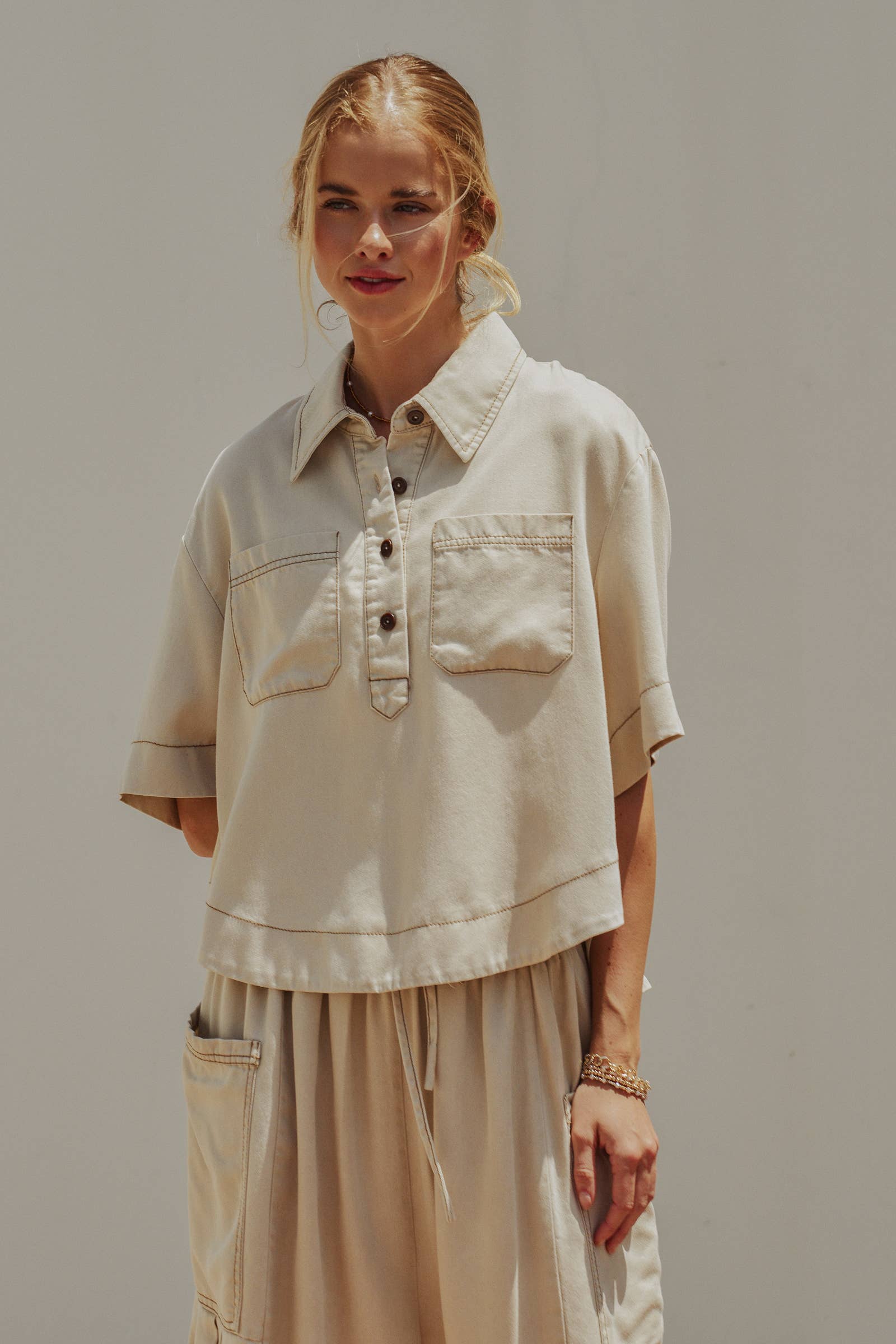Urban Daizy - Washed Denim Half Placket Cropped Utility Shirt-Goodwynn'sGoodwynn's