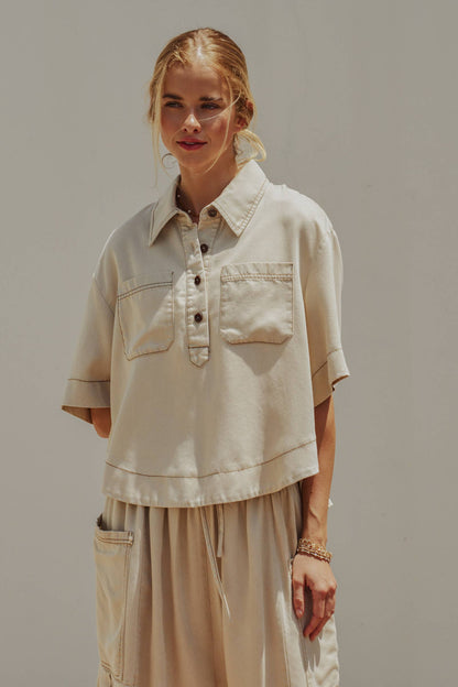 Urban Daizy - Washed Denim Half Placket Cropped Utility Shirt