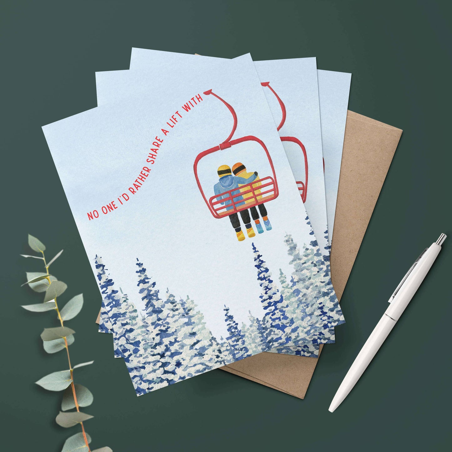 Watercolor Wednesday | Adventure Art & Stationery - Chairlift Love | Love, Valentine's Day Greeting Card