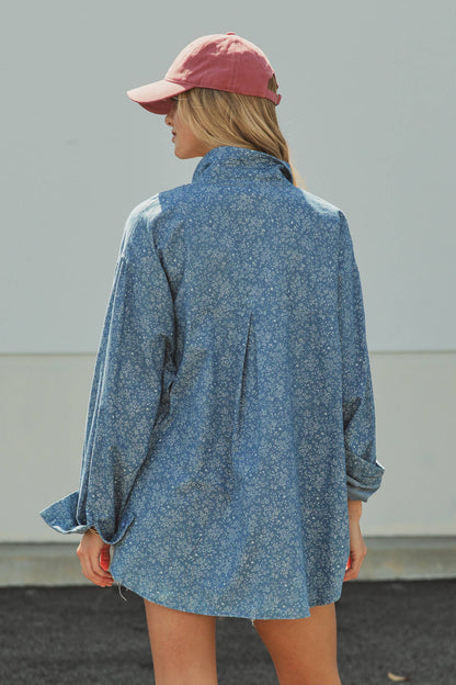 Urban Daizy - Blue Floral Cotton Button Down Oversized Shirt