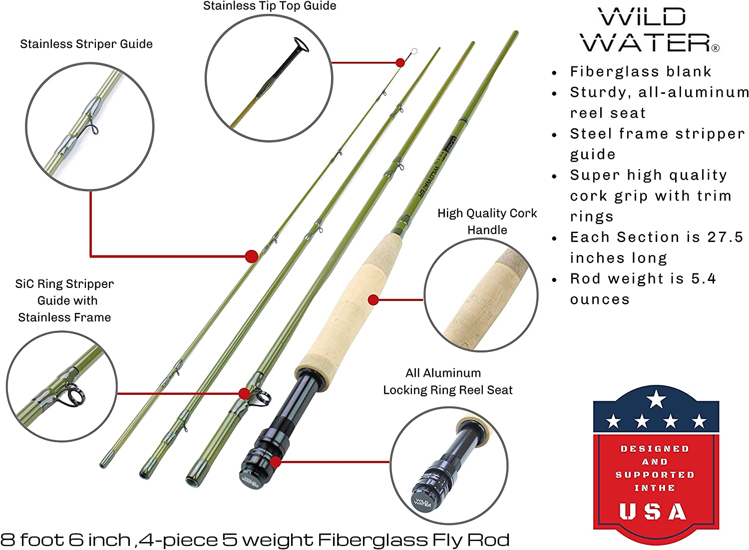 Wild Water Fly Fishing Combo with Fiberglass Rod 8 ft 6 in, 4-Piece, 5 wt-Goodwynn'sGoodwynn's