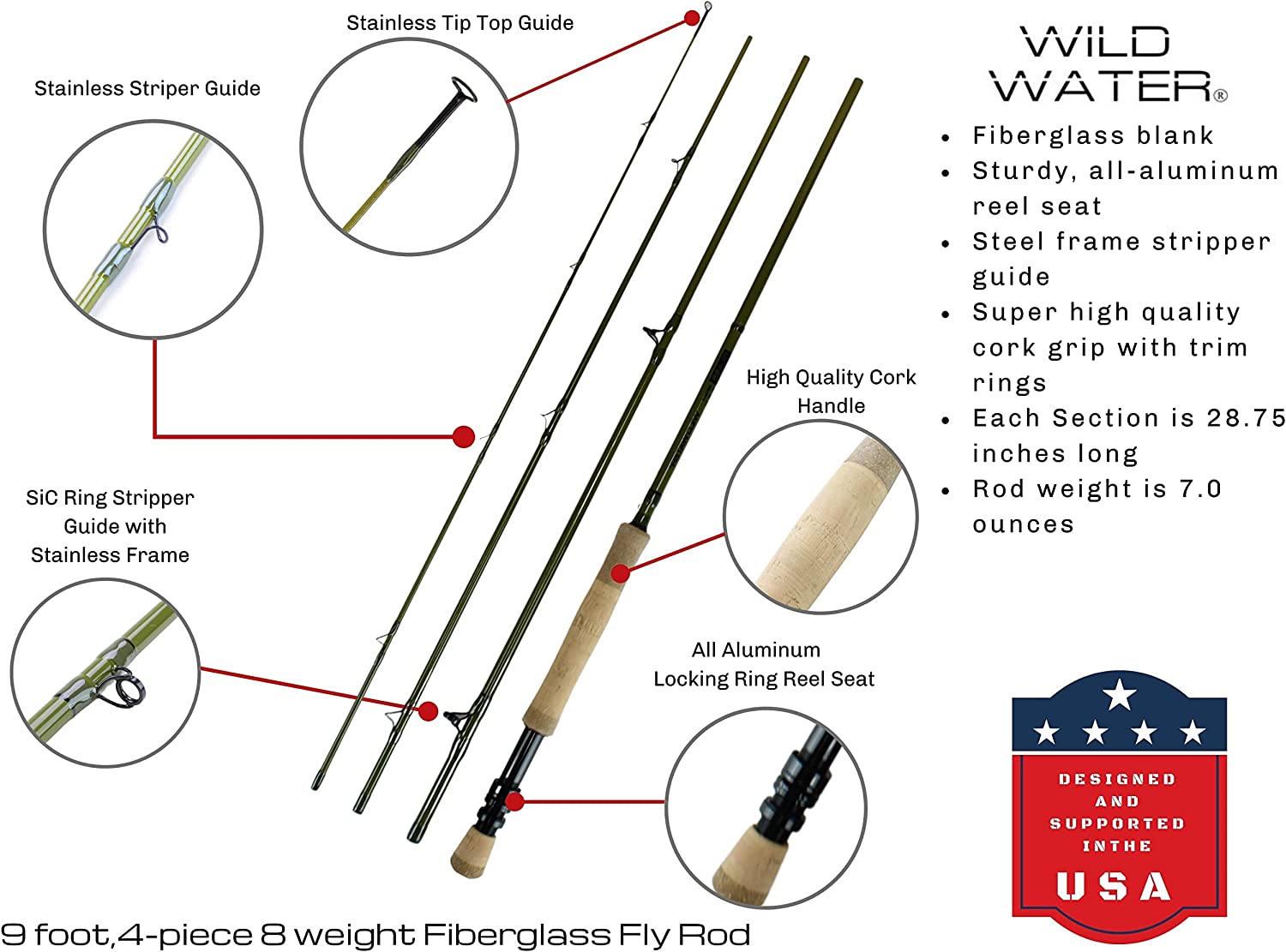 Wild Water Fly Fishing Kit with Fiberglass Rod 9 ft, 4-Piece, 8 wt Rod-Goodwynn'sGoodwynn's