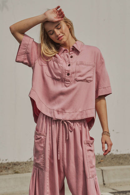 Urban Daizy - Washed Denim Half Placket Cropped Utility Shirt