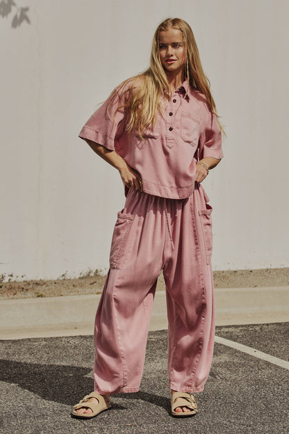 Urban Daizy - Washed Denim Half Placket Cropped Utility Shirt
