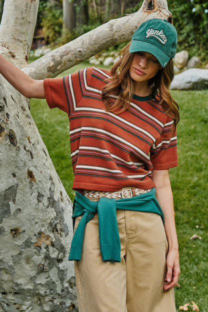 Urban Daizy - Striped Knit Ringer Tee With Crew Neck