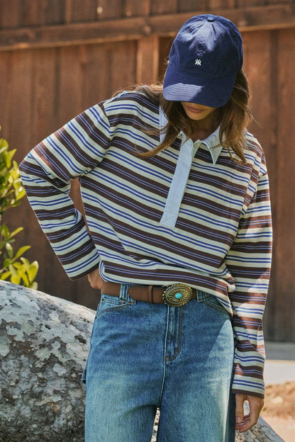Urban Daizy - Striped Rugby Polo Knit Top with Contrast Collar