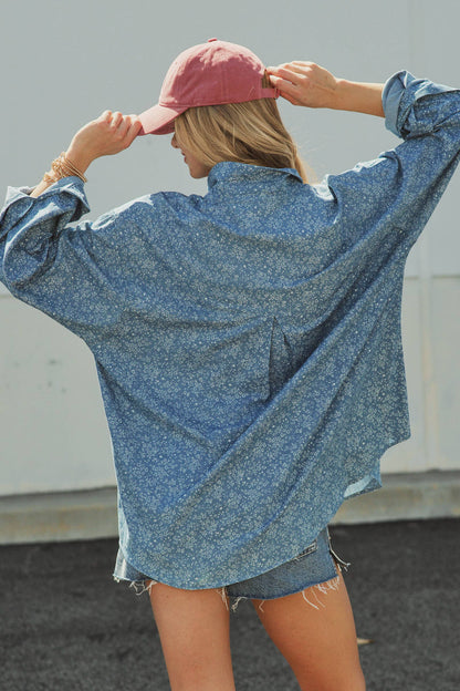 Urban Daizy - Blue Floral Cotton Button Down Oversized Shirt