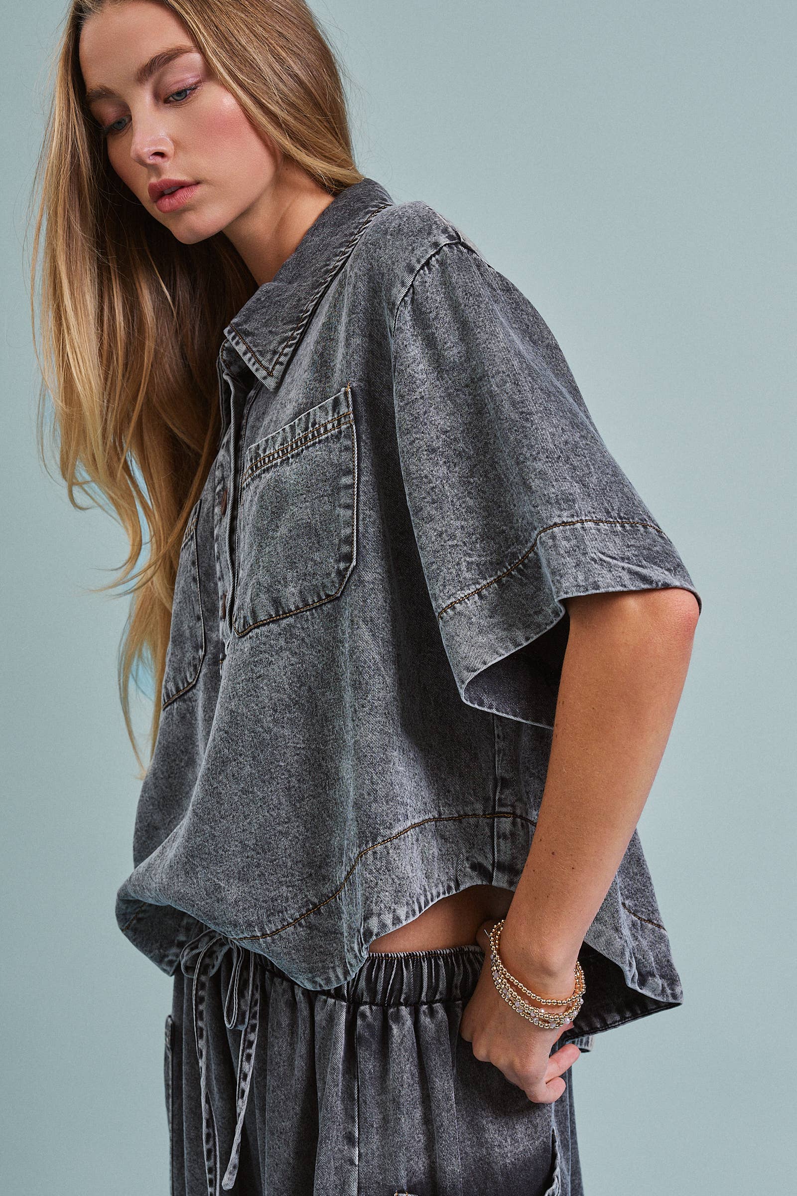 Urban Daizy - Washed Denim Half Placket Cropped Utility Shirt-Goodwynn'sGoodwynn's
