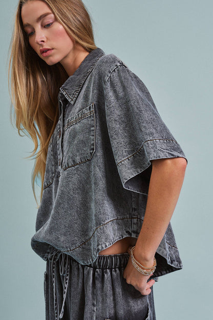 Urban Daizy - Washed Denim Half Placket Cropped Utility Shirt