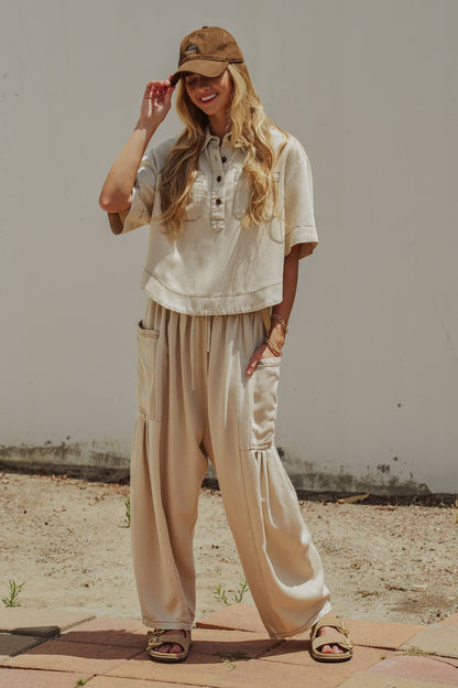 Urban Daizy - Washed Denim Half Placket Cropped Utility Shirt