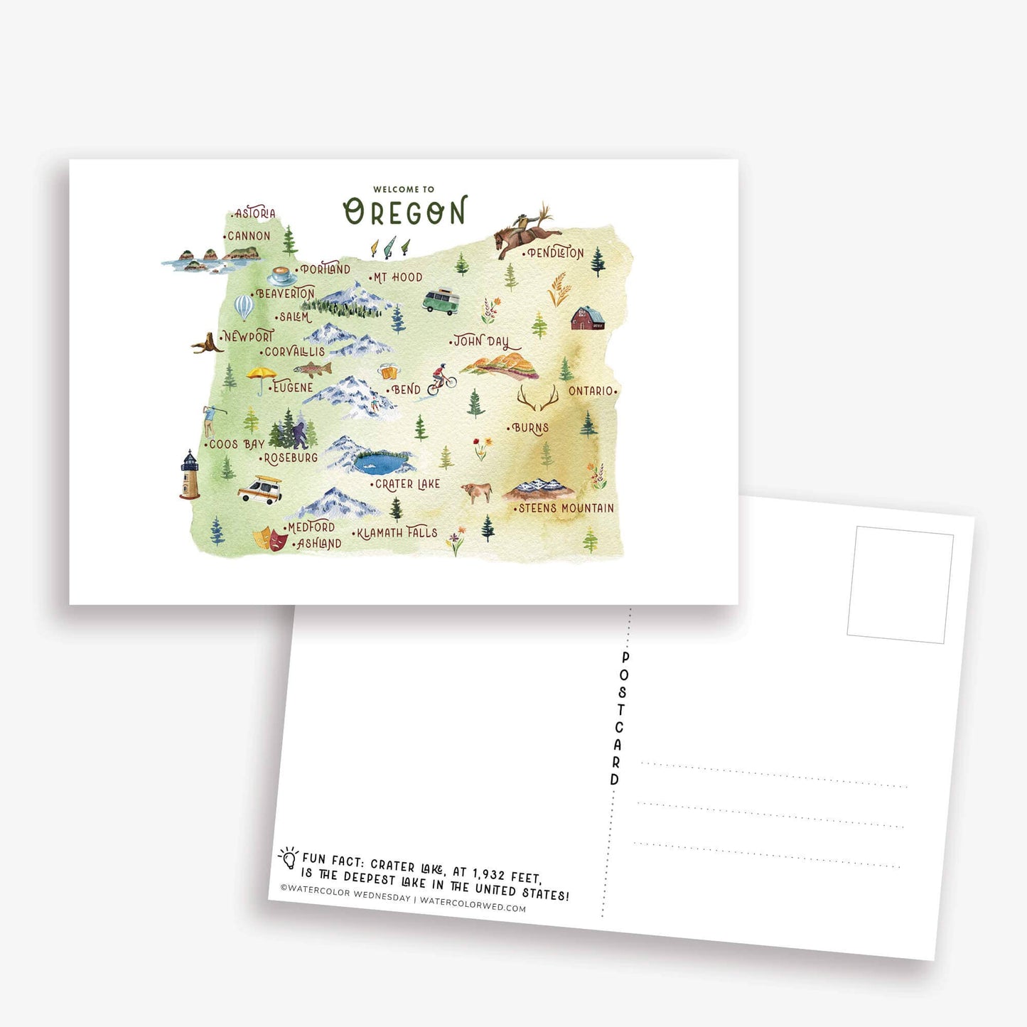 Watercolor Wednesday | Adventure Art & Stationery - Oregon Watercolor Illustrated Map | Travel Postcard