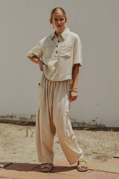 Urban Daizy - Washed Denim Half Placket Cropped Utility Shirt