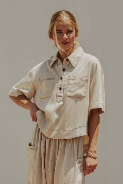 Urban Daizy - Washed Denim Half Placket Cropped Utility Shirt