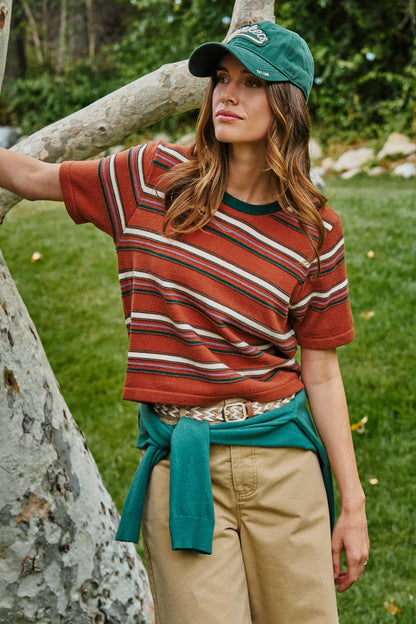Urban Daizy - Striped Knit Ringer Tee With Crew Neck