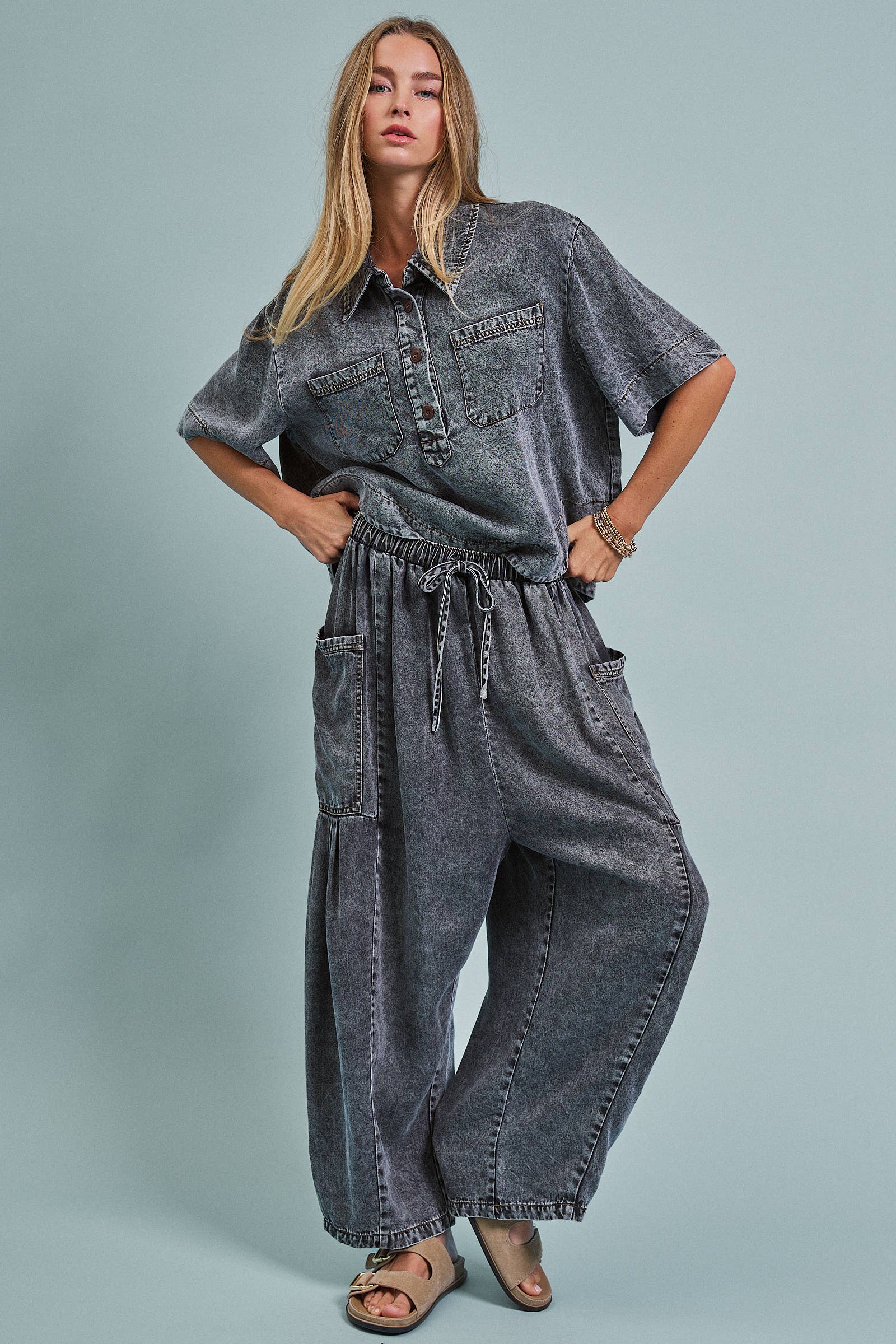 Urban Daizy - Washed Denim Half Placket Cropped Utility Shirt-Goodwynn'sGoodwynn's