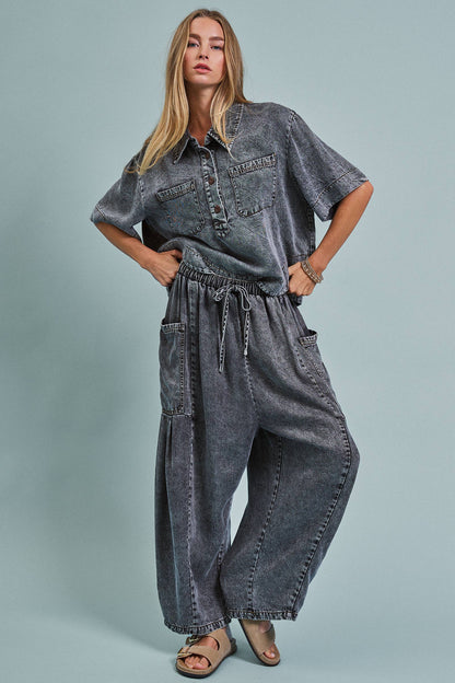 Urban Daizy - Washed Denim Half Placket Cropped Utility Shirt