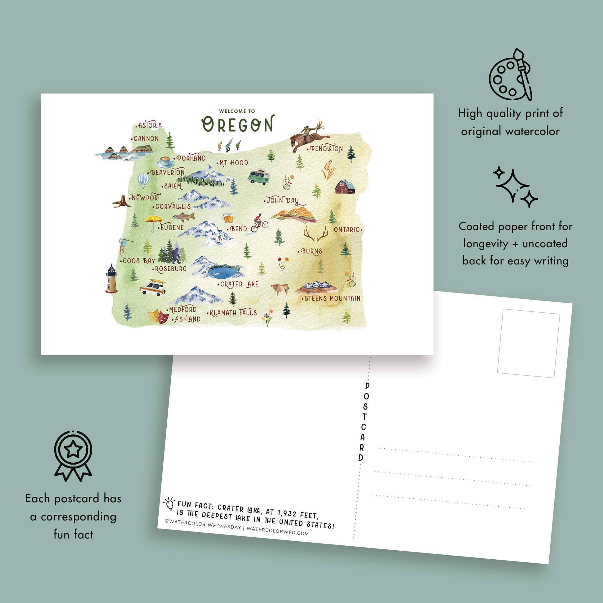 Watercolor Wednesday | Adventure Art & Stationery - Oregon Watercolor Illustrated Map | Travel Postcard-Goodwynn'sGoodwynn's