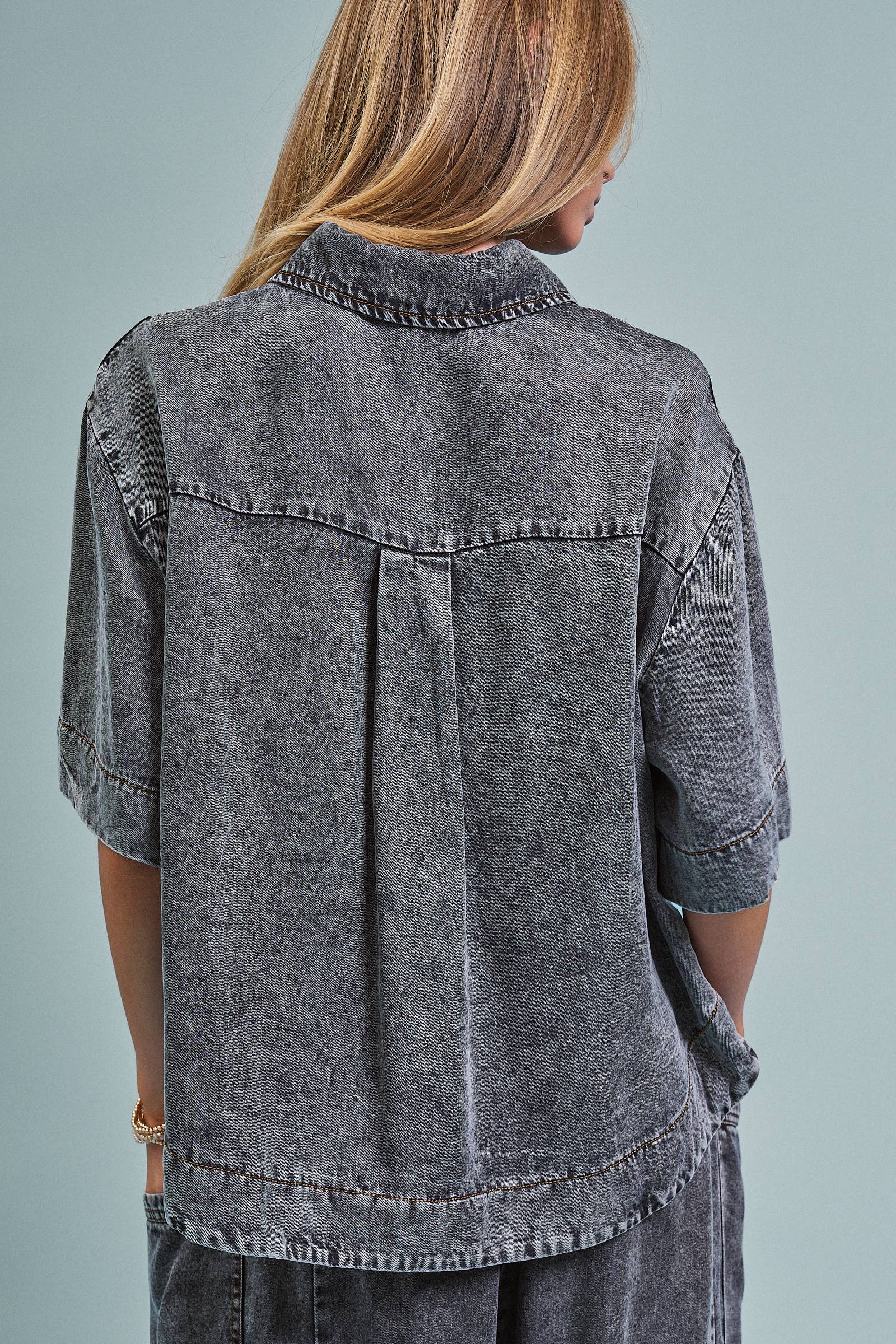 Urban Daizy - Washed Denim Half Placket Cropped Utility Shirt-Goodwynn'sGoodwynn's