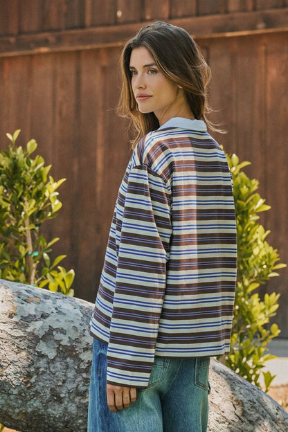 Urban Daizy - Striped Rugby Polo Knit Top with Contrast Collar