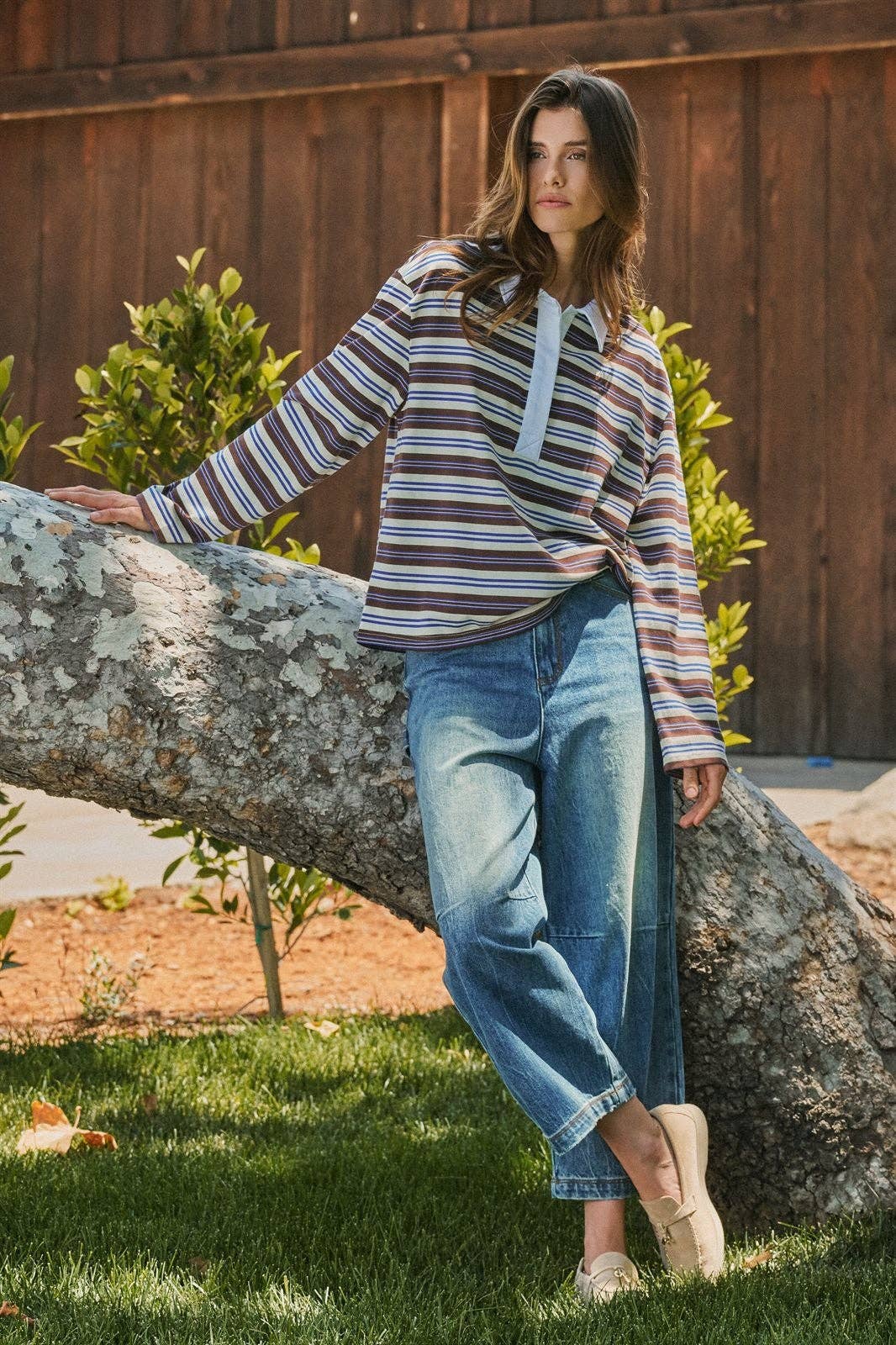 Urban Daizy - Striped Rugby Polo Knit Top with Contrast Collar