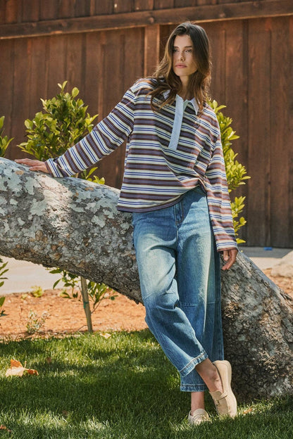 Urban Daizy - Striped Rugby Polo Knit Top with Contrast Collar