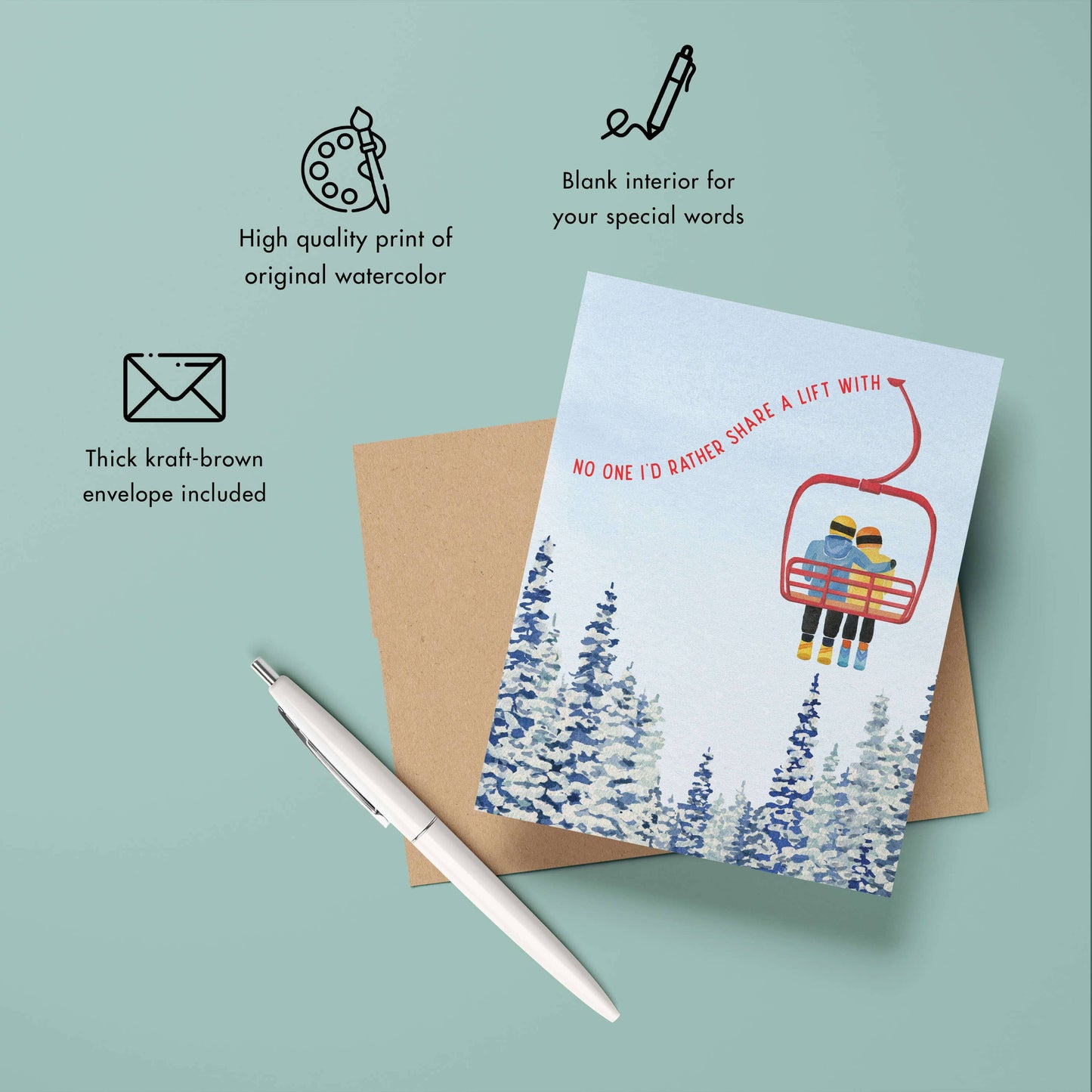 Watercolor Wednesday | Adventure Art & Stationery - Chairlift Love | Love, Valentine's Day Greeting Card