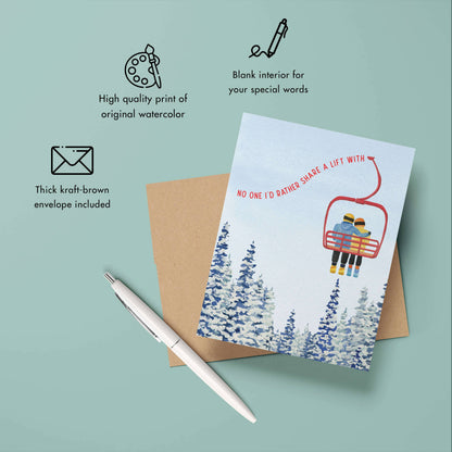 Watercolor Wednesday | Adventure Art & Stationery - Chairlift Love | Love, Valentine's Day Greeting Card