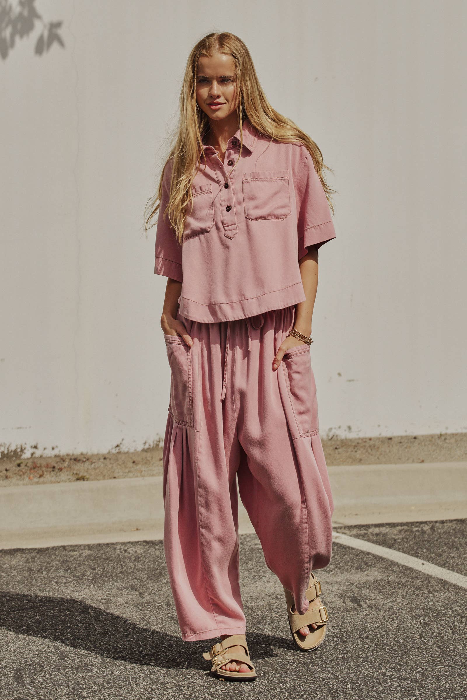 Urban Daizy - Washed Denim Half Placket Cropped Utility Shirt-Goodwynn'sGoodwynn's