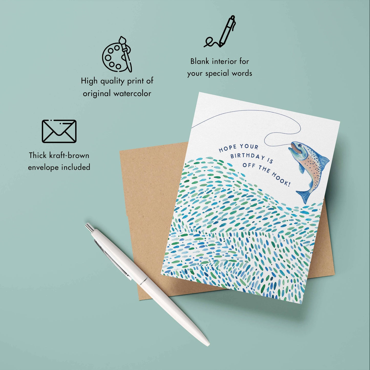 Watercolor Wednesday | Adventure Art & Stationery - Off the Hook Fishing | Birthday Card