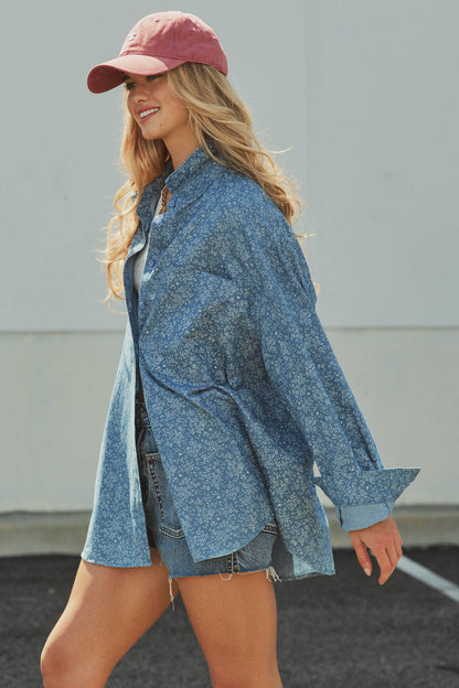 Urban Daizy - Blue Floral Cotton Button Down Oversized Shirt