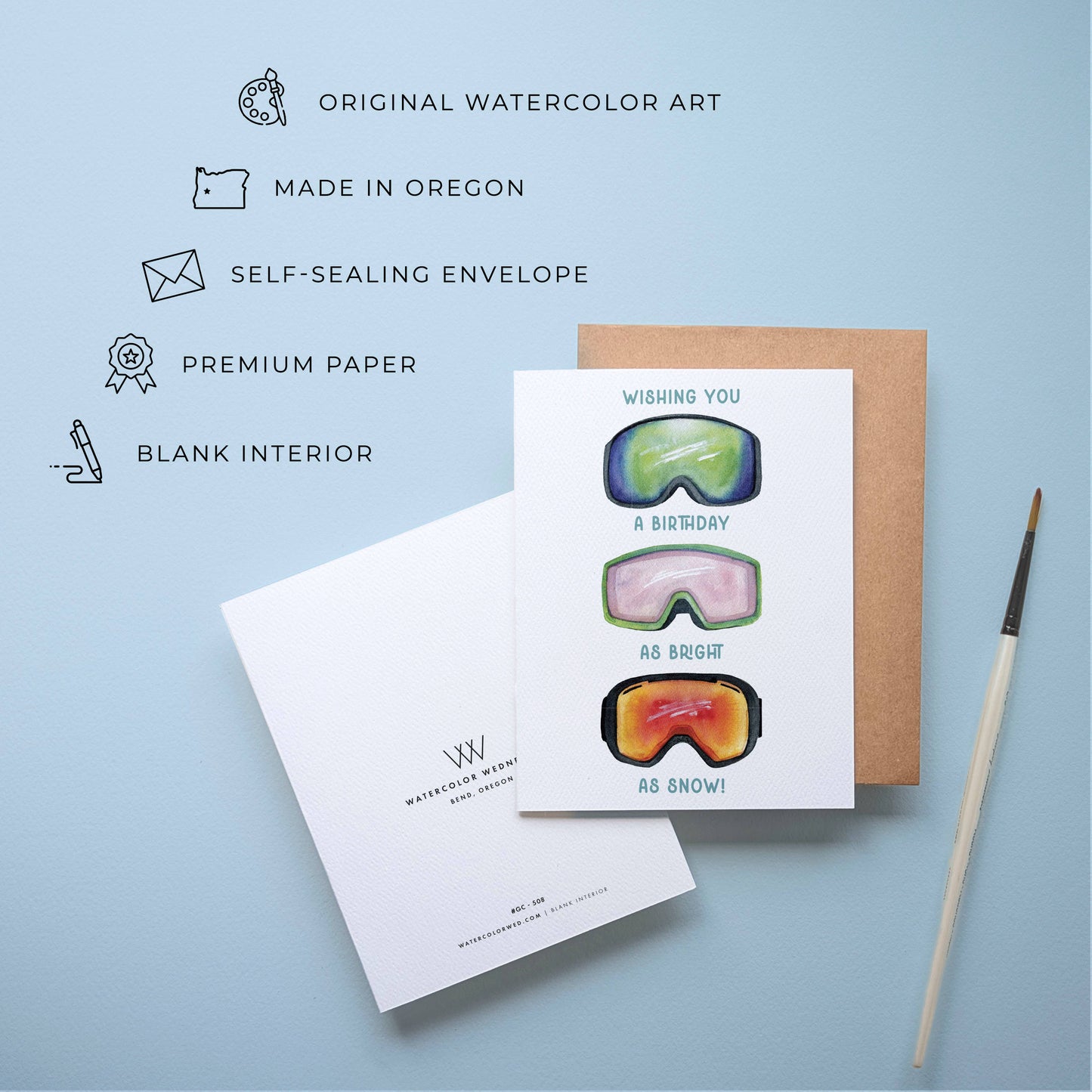 Watercolor Wednesday | Adventure Art & Stationery - Ski Birthday Card | Snowboard Skiing Goggle Design