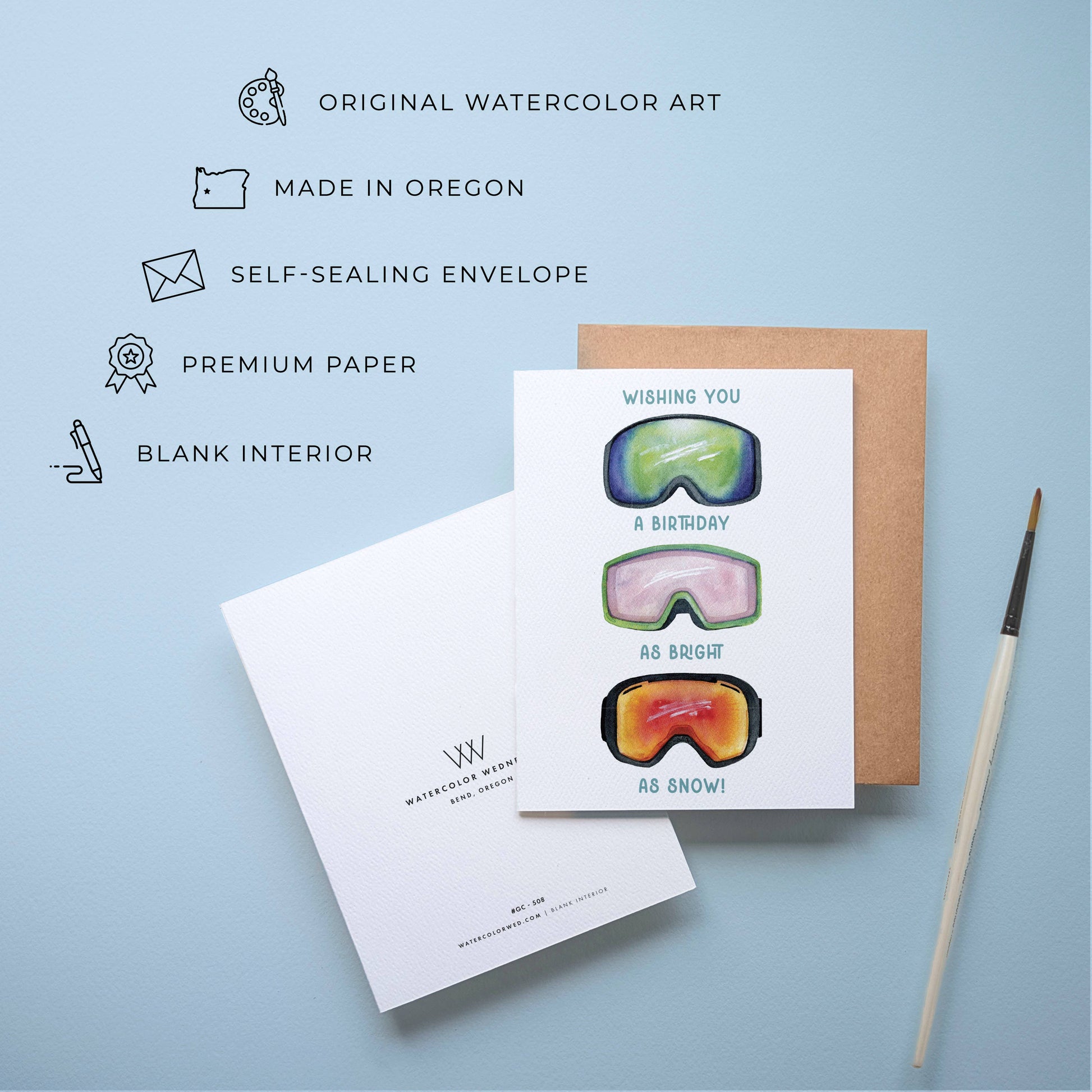 Watercolor Wednesday | Adventure Art & Stationery - Ski Birthday Card | Snowboard Skiing Goggle Design-Goodwynn'sGoodwynn's