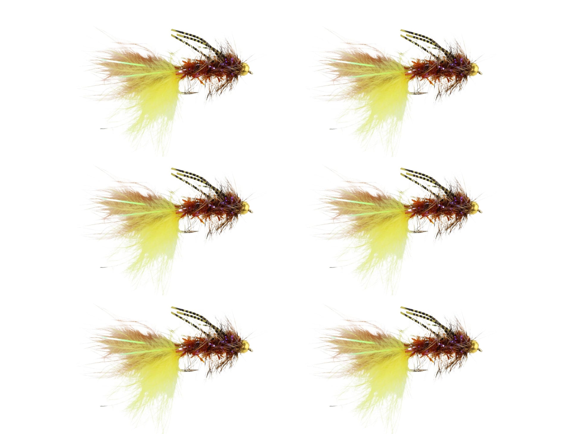 Wild Water Fly Fishing Bead Head Yellow and Brown Rubber Leg Wooly Bugger, size 10, qty. 6-Goodwynn'sGoodwynn's