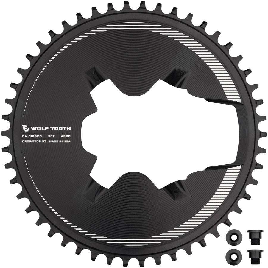 Wolf Tooth Aero Direct Mount 1x Chainring - 50t 4-Bolt Drop-Stop ST Compatible Shimano Dura-Ace R9200/R9200-P Only BLK-Goodwynn'sGoodwynn's