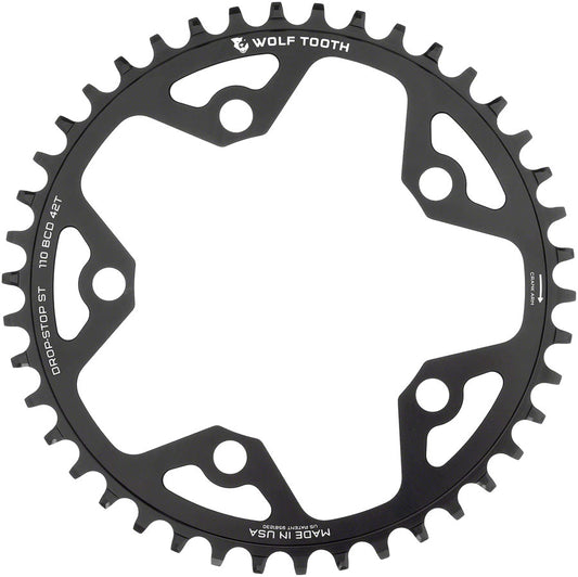 Wolf Tooth 110 BCD Gravel CX Road Chainring - 42t 110 BCD 5-Bolt Drop-Stop ST For Shimano HG+ KMC 12-Speed Chains BLK-Goodwynn's