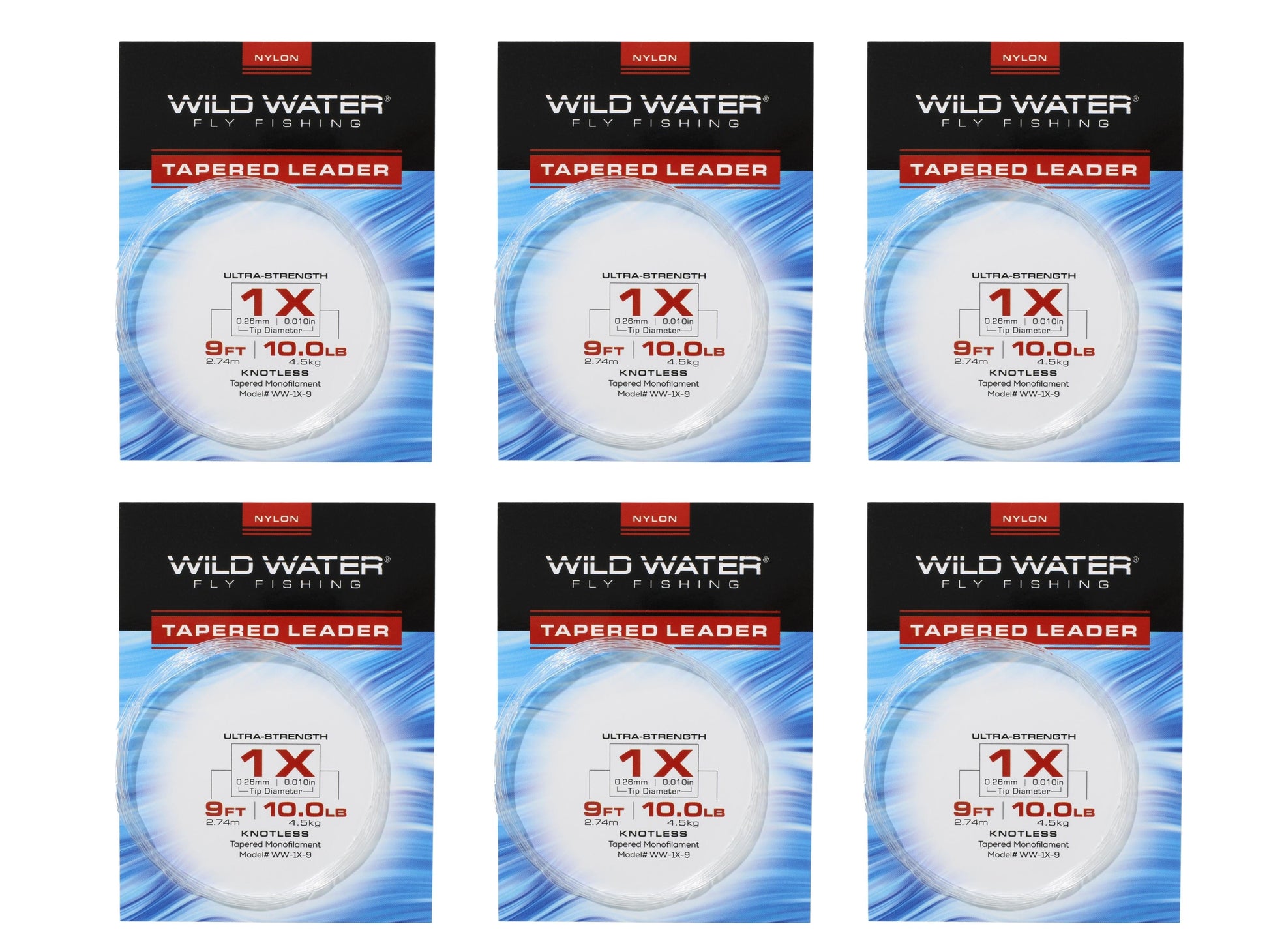 Wild Water Fly Fishing 9' Tapered Monofilament Leader 1X, 6 Pack-Goodwynn'sGoodwynn's