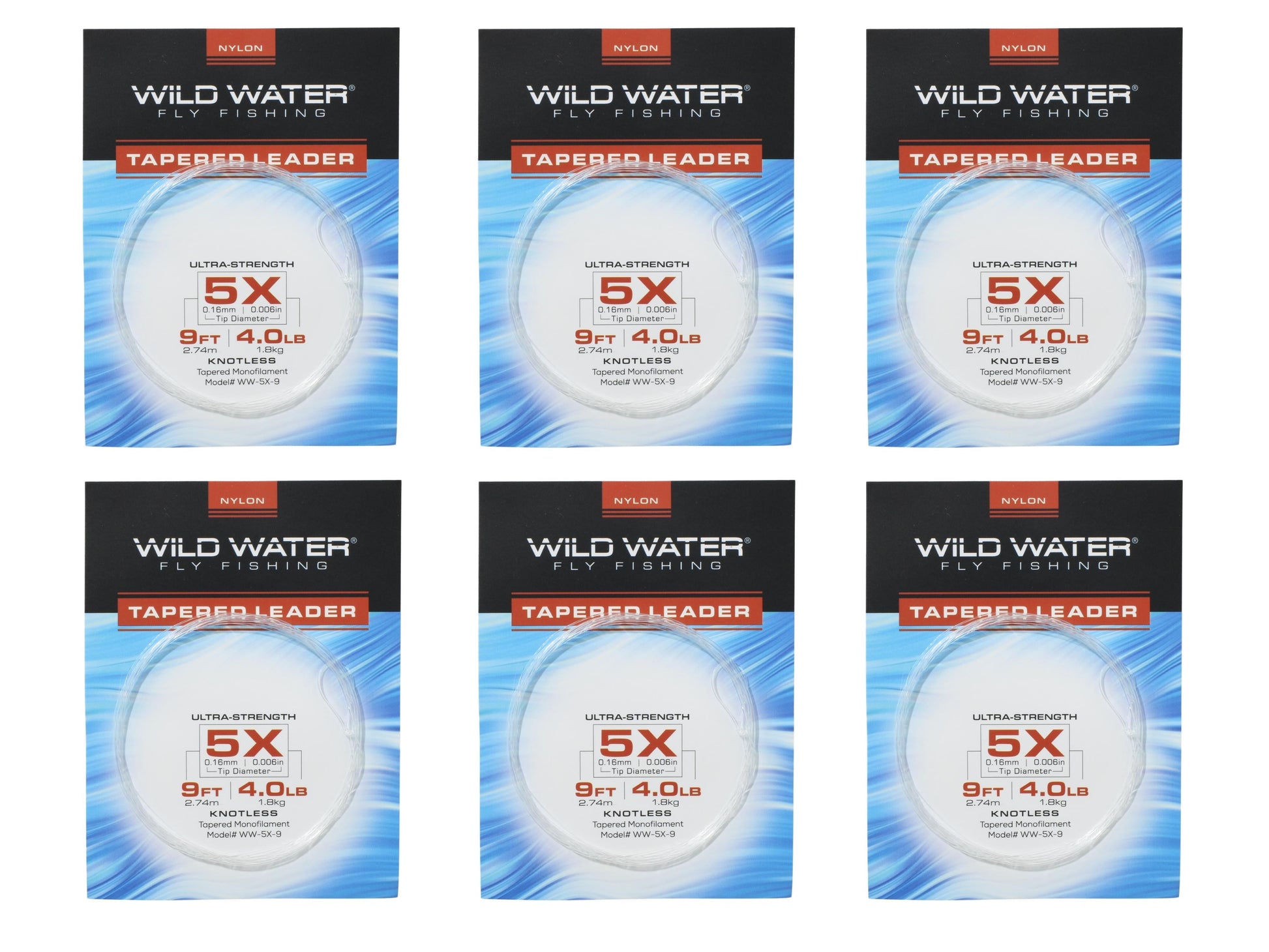 Wild Water Fly Fishing 9' Tapered Monofilament Leader 5X, 6 Pack-Goodwynn'sGoodwynn's