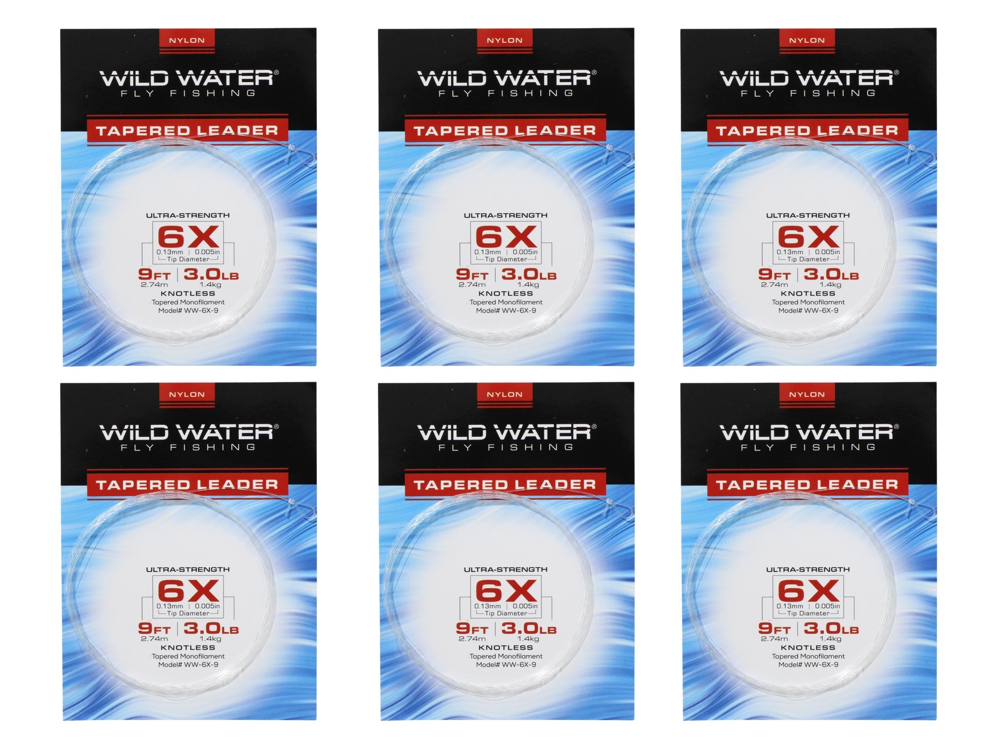 Wild Water Fly Fishing 9' Tapered Monofilament Leader 6X, 6 Pack-Goodwynn'sGoodwynn's