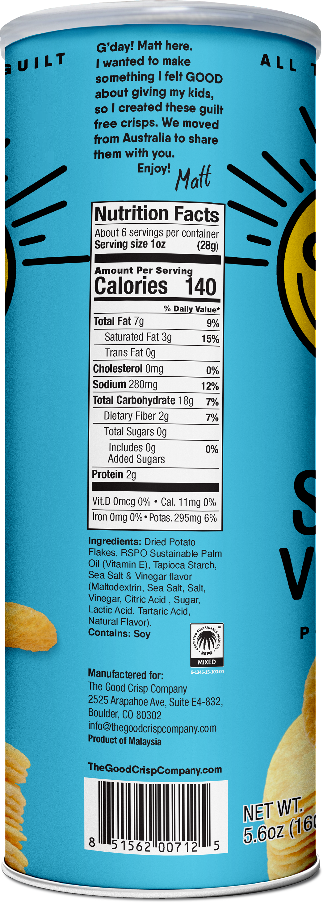 The Good Crisp Company - Sea Salt & Vinegar Chips - 5.6oz Cans (Case of 8)