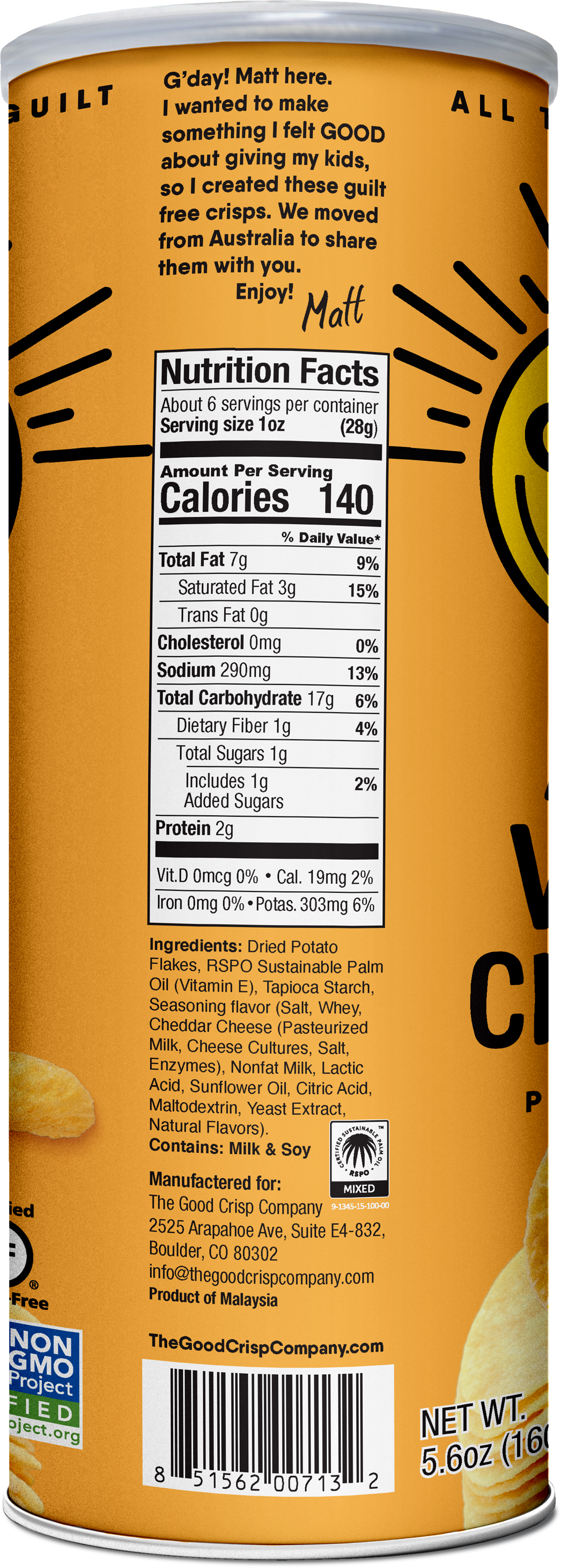 The Good Crisp Company - Aged White Cheddar Chips - 5.6oz Cans (Case of 8)