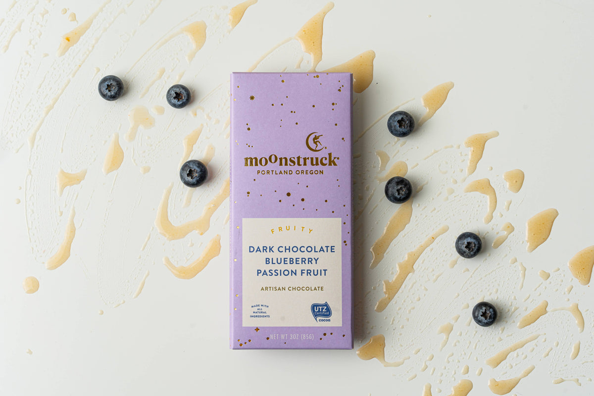 Moonstruck Chocolate Co - Fruity  
Dark Chocolate Blueberry Passion Fruit Bar