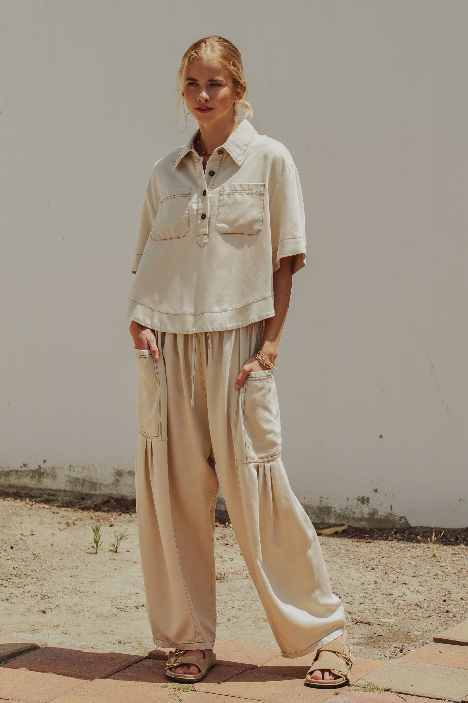 Urban Daizy - Washed Denim Half Placket Cropped Utility Shirt-Goodwynn'sGoodwynn's