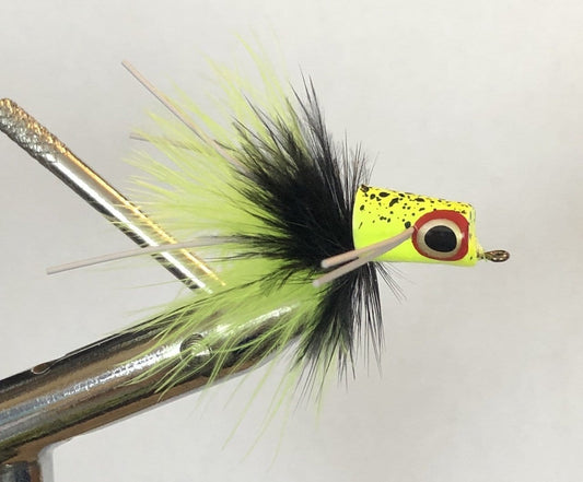 Wild Water Fly Fishing Chartreuse and Black Snub Nose Slider Popper, Size 8, Qty. 4-Goodwynn's