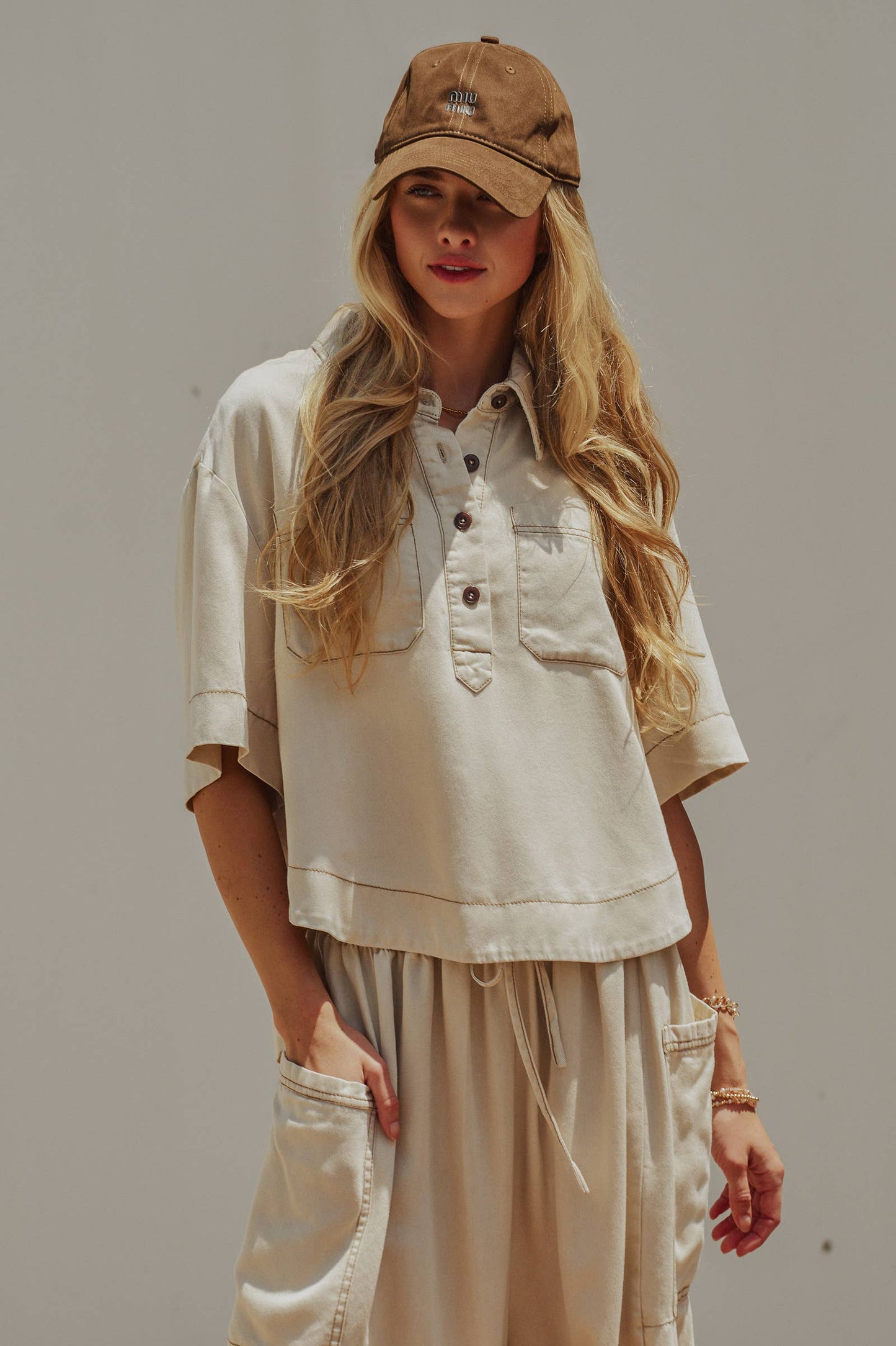 Urban Daizy - Washed Denim Half Placket Cropped Utility Shirt