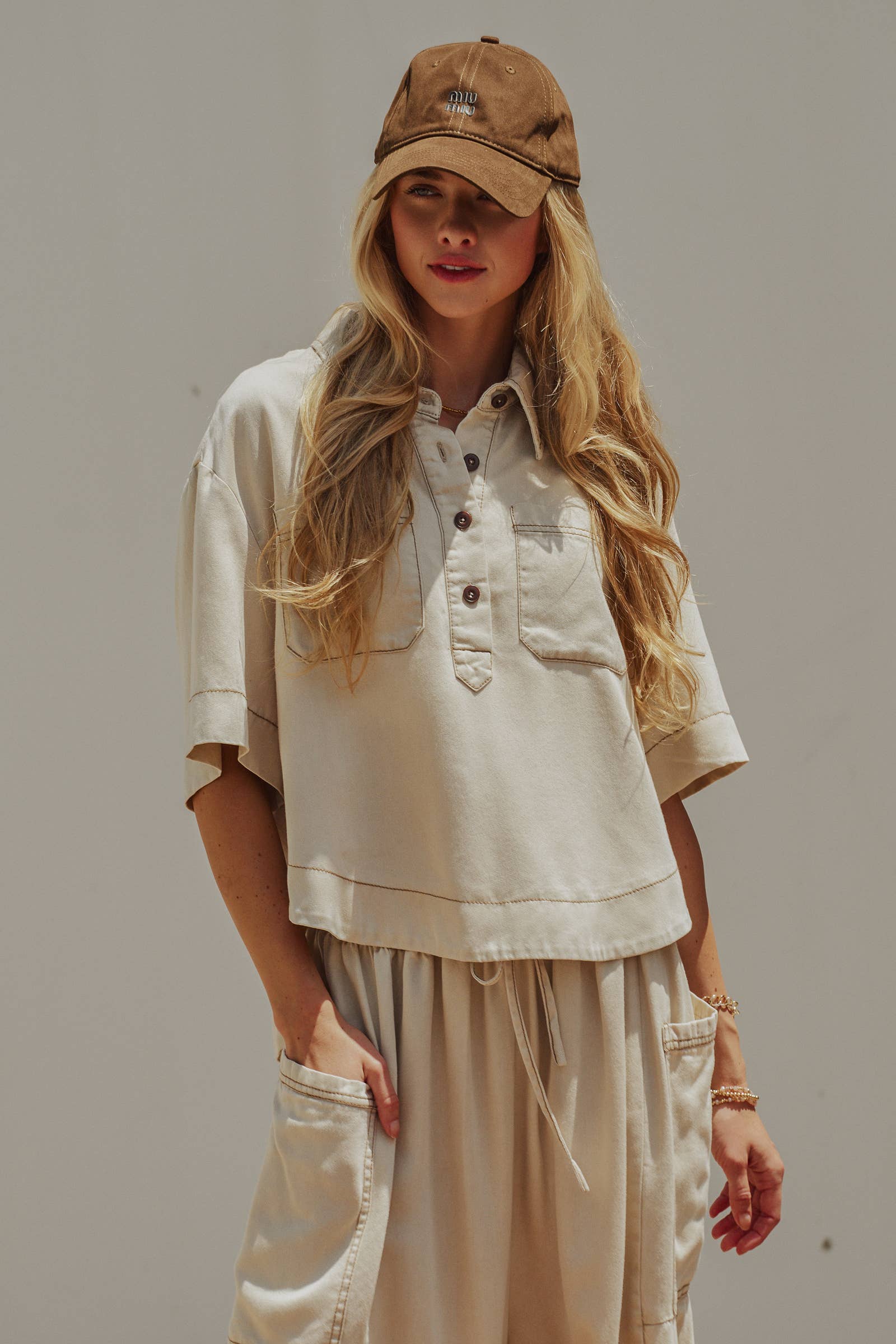 Urban Daizy - Washed Denim Half Placket Cropped Utility Shirt-Goodwynn'sGoodwynn's