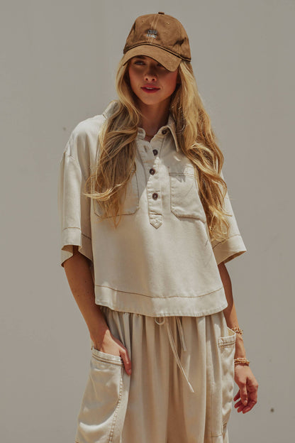 Urban Daizy - Washed Denim Half Placket Cropped Utility Shirt