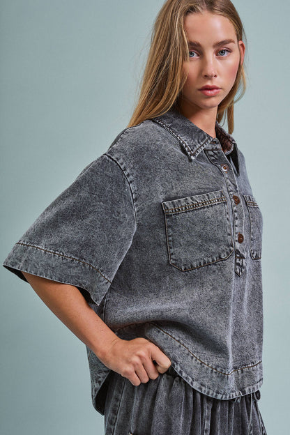 Urban Daizy - Washed Denim Half Placket Cropped Utility Shirt