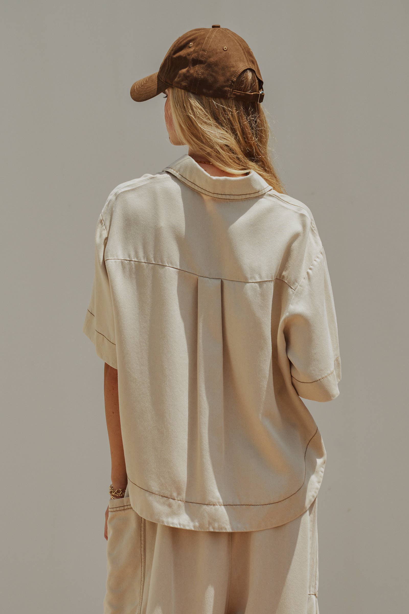 Urban Daizy - Washed Denim Half Placket Cropped Utility Shirt-Goodwynn'sGoodwynn's