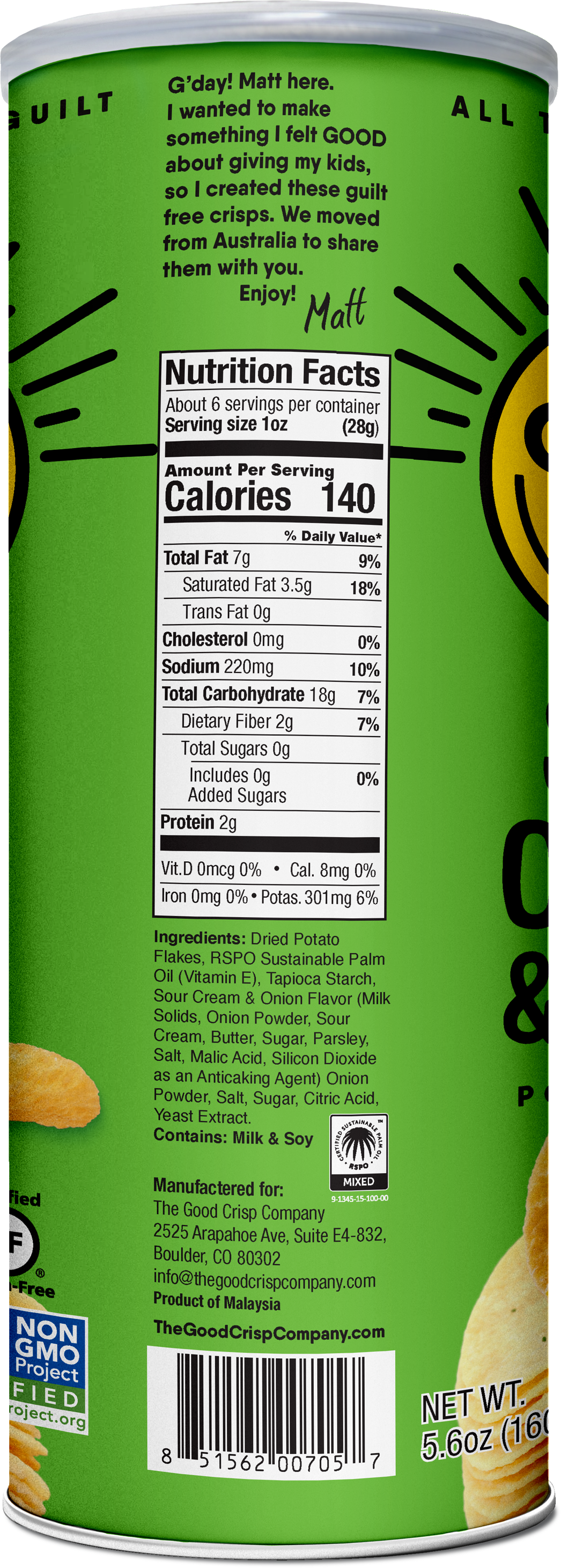 The Good Crisp Company - Sour Cream & Onion Chips - 5.6oz Cans (Case of 8)-Goodwynn'sGoodwynn's